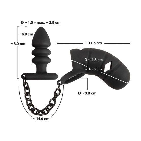GABBIA DI CASTITA' APERTA IN SILICONE PER UOMO CON CATENA E PLUG ANALE BLACK VELVETS