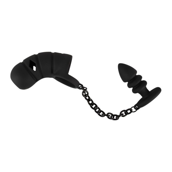 GABBIA DI CASTITA' APERTA IN SILICONE PER UOMO CON CATENA E PLUG ANALE BLACK VELVETS