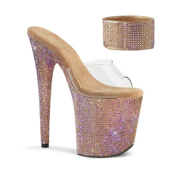 SANDALI ROSA DORATI SEXY PER DONNA CON STRASS IRIDESCENTI TACCO 20 CM E CAVIGLIERA PLEASER