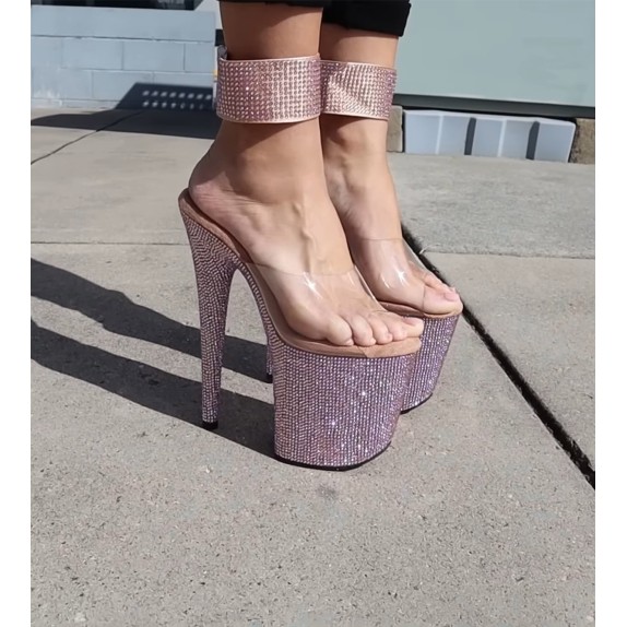 SANDALI ROSA DORATI SEXY PER DONNA CON STRASS IRIDESCENTI TACCO 20 CM E CAVIGLIERA PLEASER
