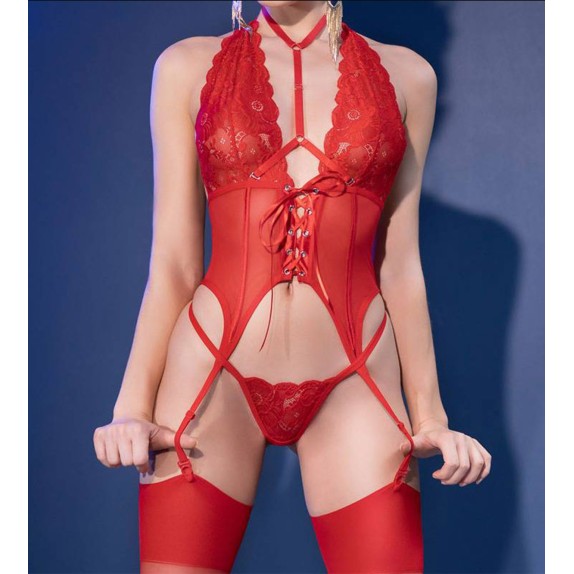 copy of BODY ROSSO SEXY CON REGGICALZE E PERIZOMA IN PIZZO FLOREALE OBSESSIVE