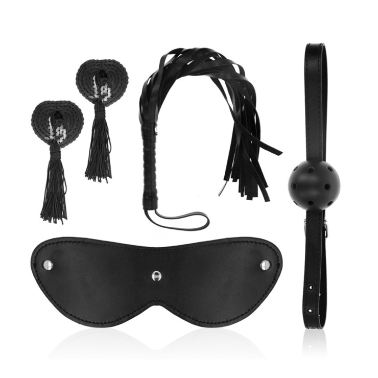 KIT SEXY DEL SADOMASO 4 PEZZI MASCHERA FRUSTA GAG...