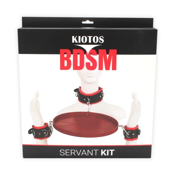 COSTRITTIVO KIT 4 PEZZI BDSM DA SCHIAVO SERVO CON MANETTE MORBIDE COLLARE E VASSOIO IMMOBILIZZATORE KIOTOS