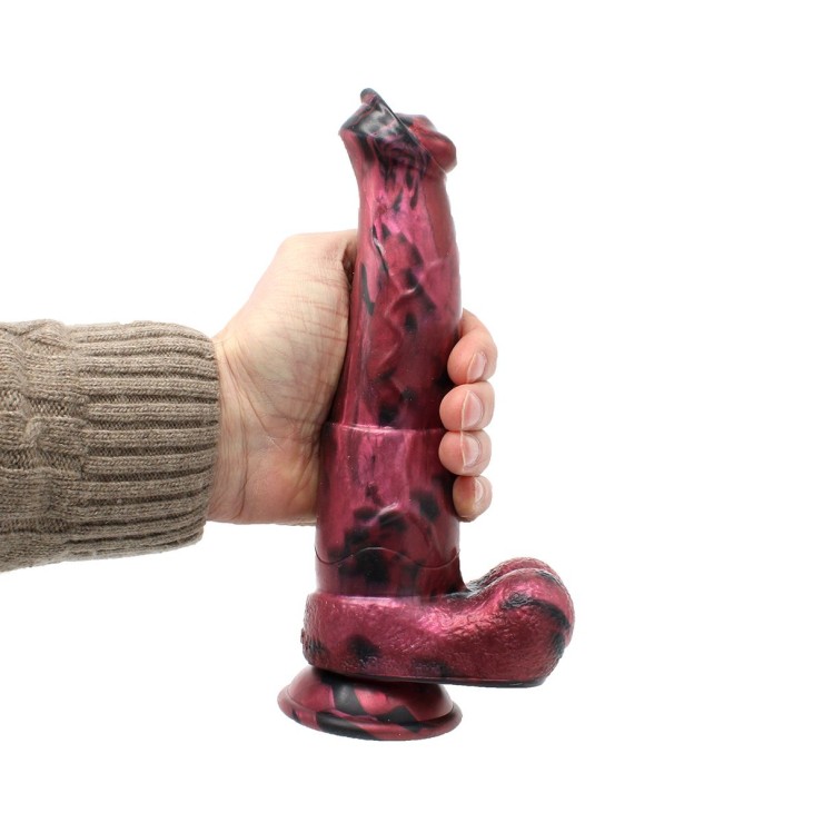 DILDO FALLO ROSSO E NERO 24,5 CM CON TESTICOLI RILIEVI E... 2