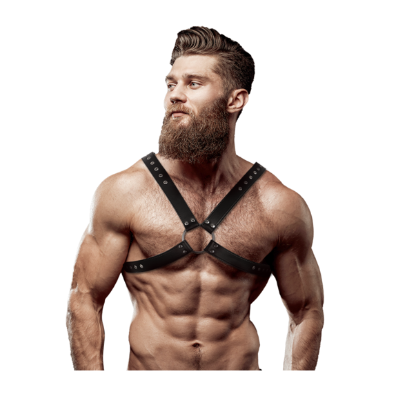 HARNESS SEXY UOMO IN PELLE VEGANA CON INCROCIO E ANELLI METALLICI