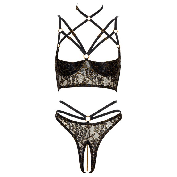 COMPLETO INTIMO SEXY PER DONNA PIZZO NERO E ORO CON BALCONCINO E SLIP APERTO SET 2 PEZZI ABIERTA FINA