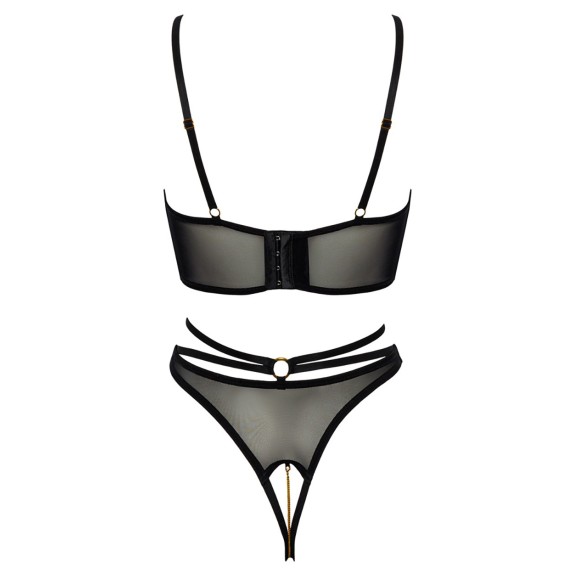 COMPLETO INTIMO SEXY PER DONNA PIZZO NERO E ORO CON BALCONCINO E SLIP APERTO SET 2 PEZZI ABIERTA FINA