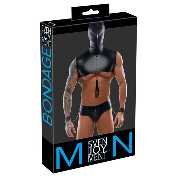 COMPLETO BONDAGE SEXY SET 4 PEZZI PER UOMO EFFETTO LUCIDO CON CAPPUCCIO E MANETTE