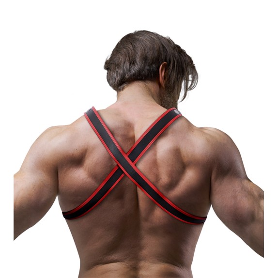 HARNESS SEXY PER UOMO CON BORCHIE ROSSO E NERO REGOLABILE CON INCROCIO