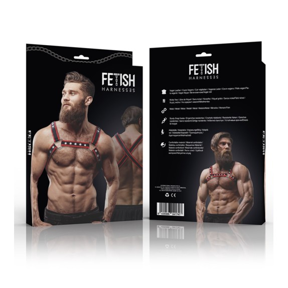 HARNESS SEXY PER UOMO CON BORCHIE ROSSO E NERO REGOLABILE CON INCROCIO