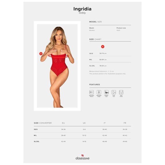 BODY SEXY PER DONNA ROSSO RICAMATO CON COPPA E MUTANDINA APERTE INGRIDIA TEDDY