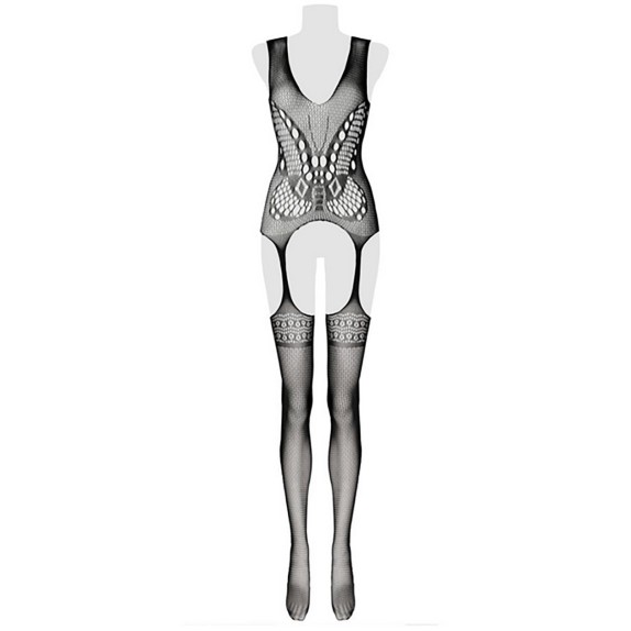 BODYSTOCKING SEXY PER DONNA CON RICAMO DI FARFALLA EFFETTO REGGICALZE CON CALZE