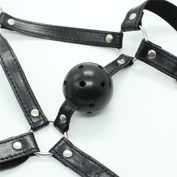 HARNESS COSTRITTIVO SEXY PER LA TESTA CON BALL GAG MORSO REGOLABILE ECOPELLE