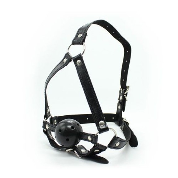 HARNESS COSTRITTIVO SEXY PER LA TESTA CON BALL GAG MORSO REGOLABILE ECOPELLE