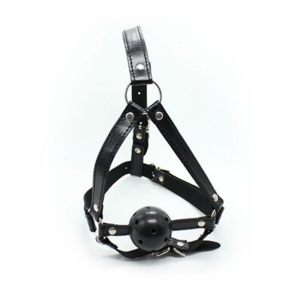 HARNESS COSTRITTIVO SEXY PER LA TESTA CON BALL GAG MORSO REGOLABILE ECOPELLE