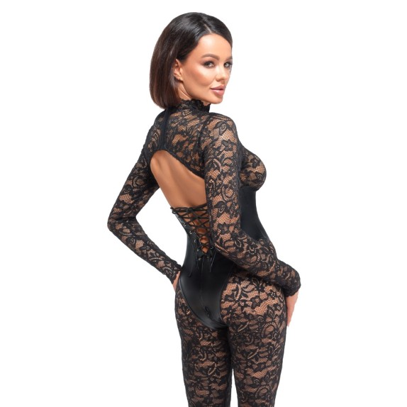 TUTA SEXY INTERA PER DONNA IN PIZZO CON SCHIENA SCOPERTA EFFETTO STRINGIVITA NOIR