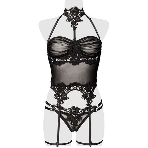 SET 2 PEZZI SEXY COMPLETO INTIMO DONNA CON CORPETTO SLIP E REGGICALZE ATTACCATO