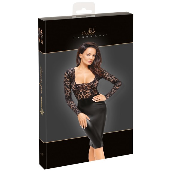 ABITO SEXY DA DONNA AL GINOCCHIO IN PIZZO E SPANDEX CON SCOLLO QUADRATO NOIR