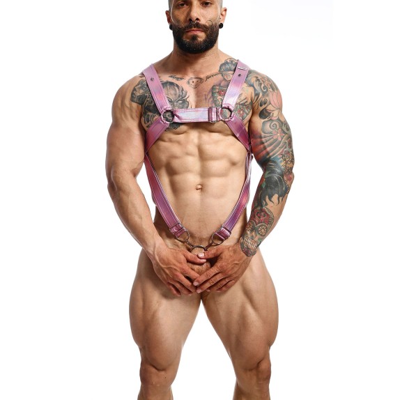 HARNESS SEXY PER UOMO IMBRACATURA ROSA IRIDESCENTE CON COCK RING IN METALLO