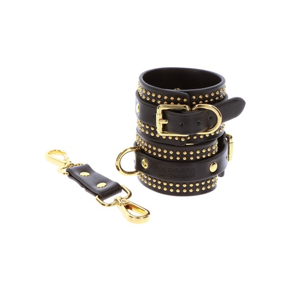 MANETTE SEXY IN PELLE SINTETICA NERA CON DETTAGLI DORATI E BORCHIE TABOOM