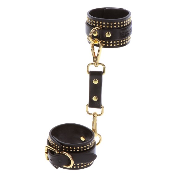 CAVIGLIERE SEXY IN PELLE SINTETICA NERA CON DETTAGLI DORATI E BORCHIE BDSM