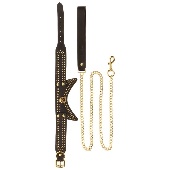 COLLARE CON GUINZAGLIO SEXY IN PELLE VEGANA NERA E CATENA DORATA BDSM