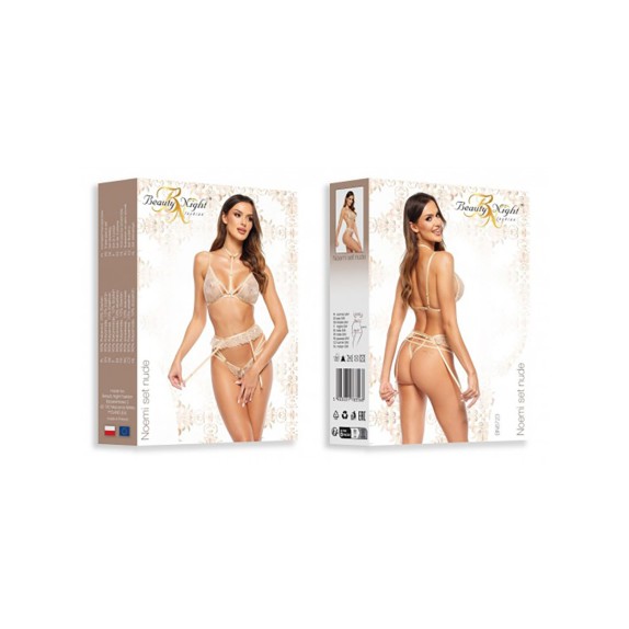 COMPLETO INTIMO SEXY DONNA SET 3 PEZZI REGGISENO PERIZOMA REGGICALZE NUDE NOEMI