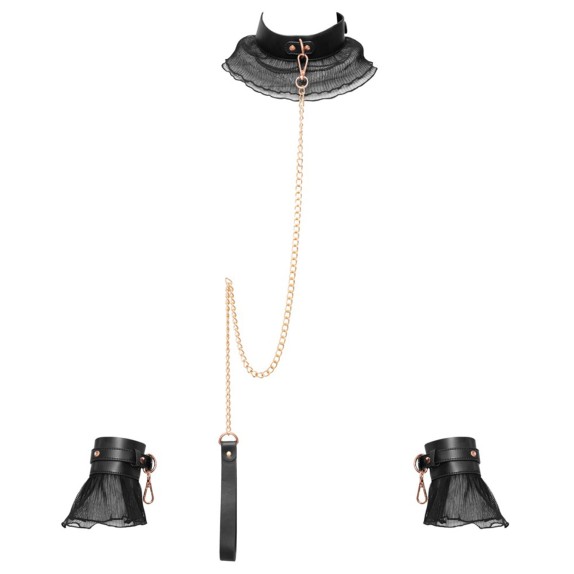 COSTRITTIVO SEXY SET 3 PEZZI BONDAGE CON CATENE DORATE E VOLANT NERI BAD KITTY