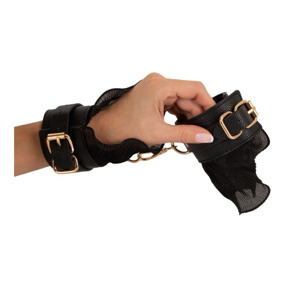 COSTRITTIVO SEXY SET 3 PEZZI BONDAGE CON CATENE DORATE E VOLANT NERI BAD KITTY