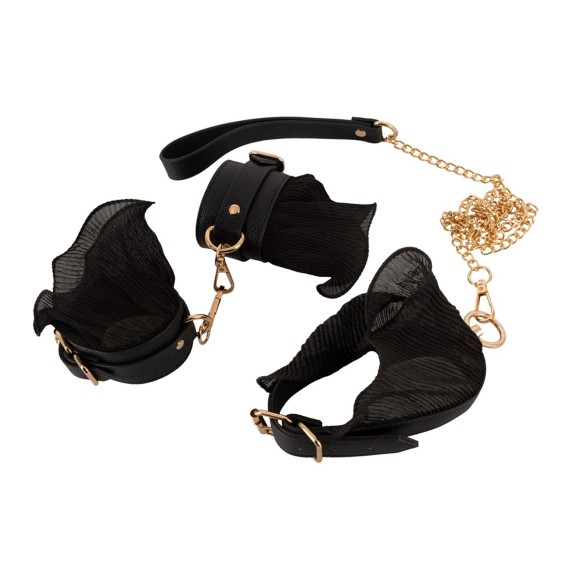 COSTRITTIVO SEXY SET 3 PEZZI BONDAGE CON CATENE DORATE E VOLANT NERI BAD KITTY
