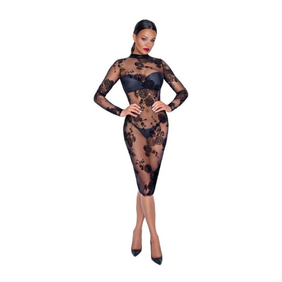 VESTITO SEXY PER DONNA TRASPARENTE CON DETTAGLI RICAMATI NOIR HANDMADE
