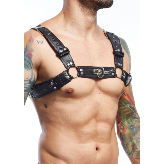 HARNESS SEXY PER UOMO IN ECOPELLE REGOLABILE CON ANELLO CENTRALE DNGEON