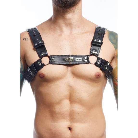 HARNESS SEXY PER UOMO IN ECOPELLE REGOLABILE CON ANELLO CENTRALE DNGEON