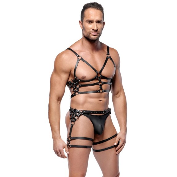 HARNESS UOMO SEXY IN PELLE SET 2 PEZZI REGOLABILE CON ANELLI METALLICI