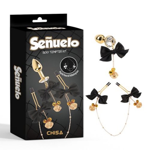 KIT 2 PEZZI PINZETTE SEXY PER CAPEZZOLI E PLUG ANALE CON GIOCCHI E SONAGLI