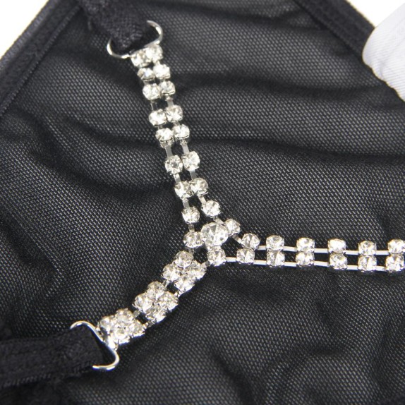 STRING SEXY DA DONNA IN TULLE NERO CON GIOIELLO DI STRASS