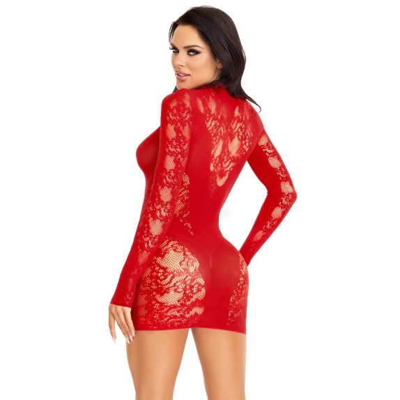 MINI ABITO SEXY PER DONNA IN RETE RICAMATA CON SCOLLO E MANICA LUNGA