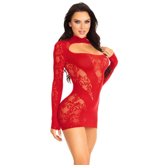 MINI ABITO SEXY PER DONNA IN RETE RICAMATA CON SCOLLO E MANICA LUNGA