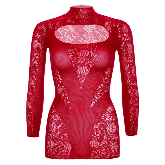 MINI ABITO SEXY PER DONNA IN RETE RICAMATA CON SCOLLO E MANICA LUNGA