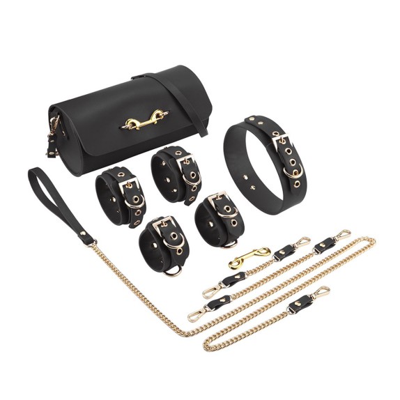 KIT 5 PEZZI BDSM SEXY CON BORSA PORTA OGGETTI IN PELLE VEGANA NERA