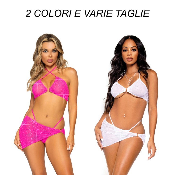 COMPLETO SEXY PER DONNA SET 3 PEZZI CON STRASS TOP...