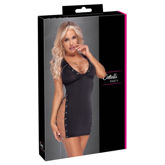 ABITO CORTO SEXY PER DONNA CON APERTURE SENSUALI E LACCI ARGENTO