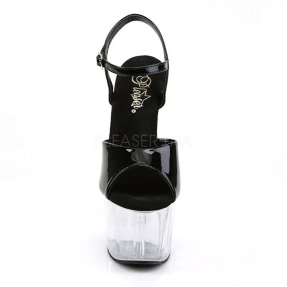 SANDALO SEXY TACCO 17-18CM TRASPARENTE CON CINTURINO E TOMAIA NERA PLEASER