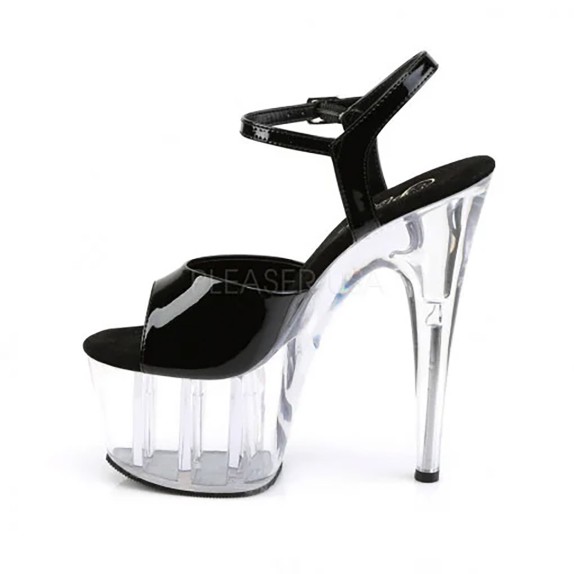 SANDALO SEXY TACCO 17-18CM TRASPARENTE CON CINTURINO E TOMAIA NERA PLEASER