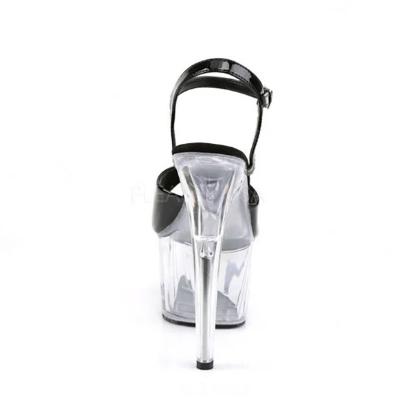 SANDALO SEXY TACCO 17-18CM TRASPARENTE CON CINTURINO E TOMAIA NERA PLEASER