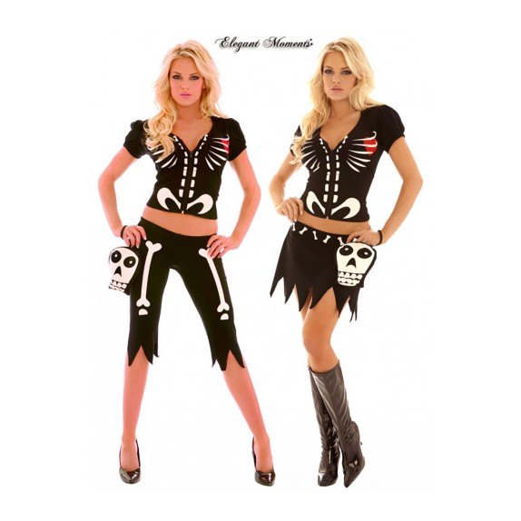 COSTUME TRAVESTIMENTO SEXY PER DONNA SCHELETRO 3 PEZZI HALLOWEEN