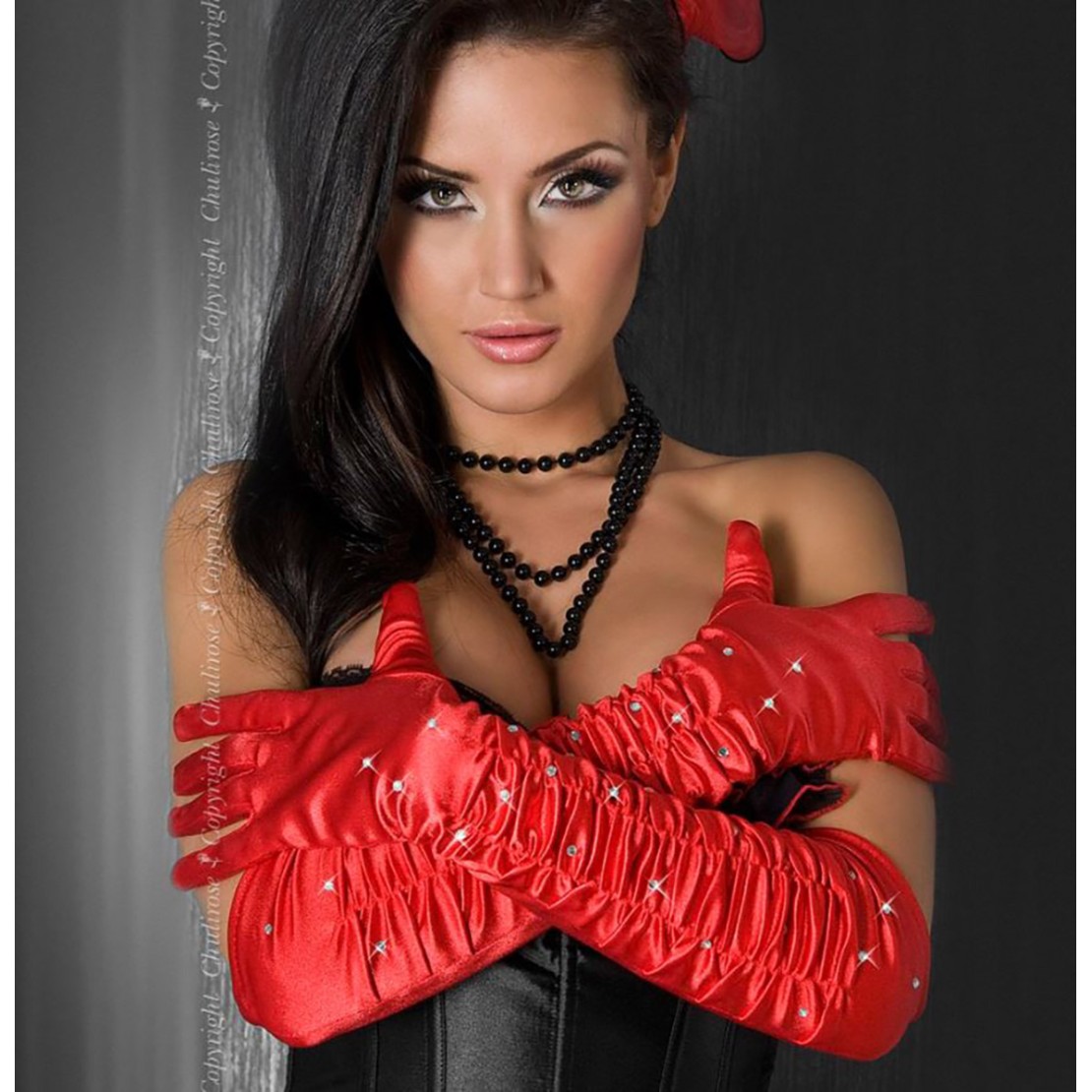 GUANTI IN RASO ROSSO LUNGHI CON STRASS