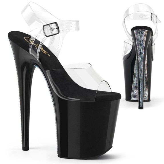 SANDALI SEXY NERO LUCIDO PER DONNA CON STRASS IRIDESCENTI TACCO 20 CM CON CINTURINO PLEASER