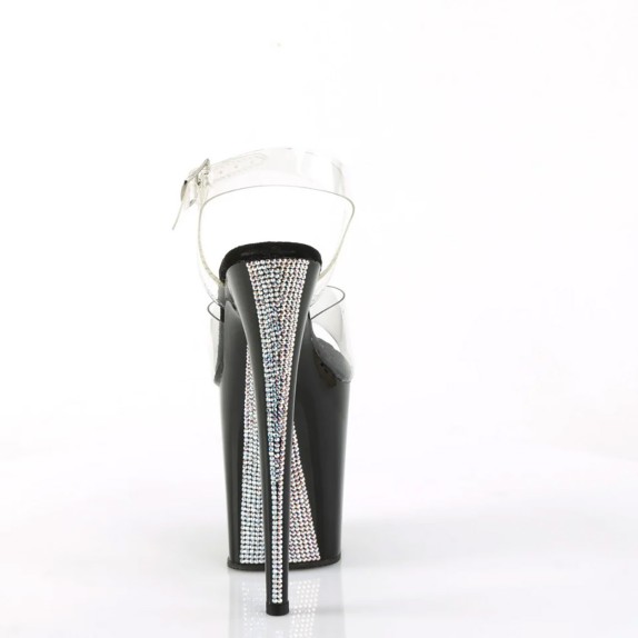 SANDALI SEXY NERO LUCIDO PER DONNA CON STRASS IRIDESCENTI TACCO 20 CM CON CINTURINO PLEASER