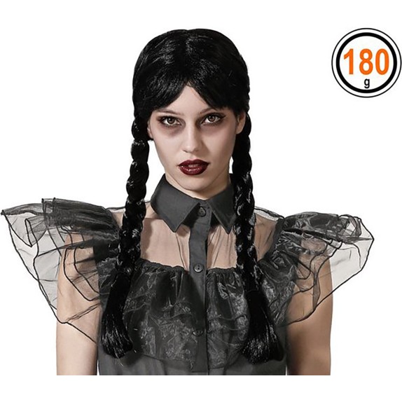 PARRUCCA SEXY HALLOWEEN DA MERCOLEDI' ADDAMS CON TRECCE E FRANGIA